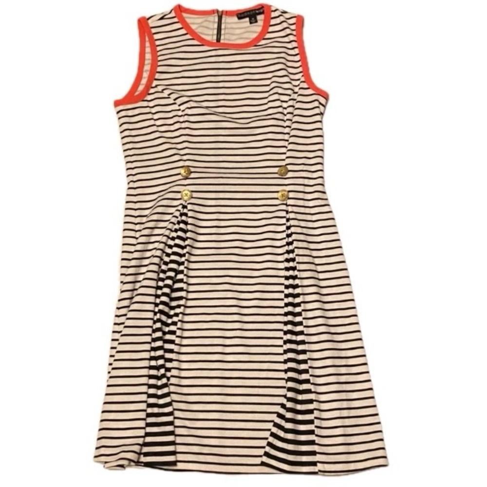 Madison Leigh Junior’s Size 10 Black and White Striped Dress with Coral Trim